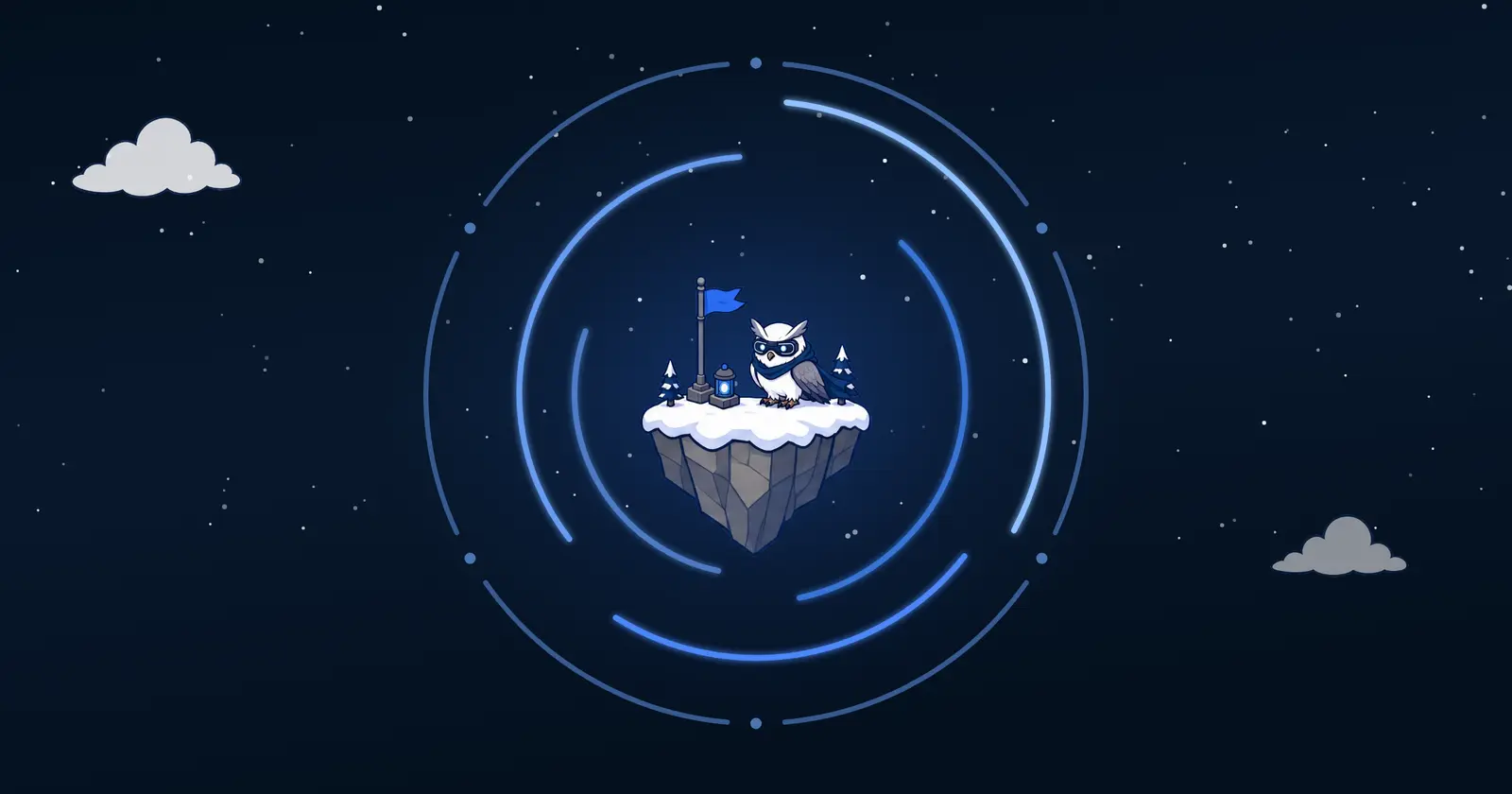 The Port0 owl on a snowy floating island, ringed by glowing concentric boundary arcs