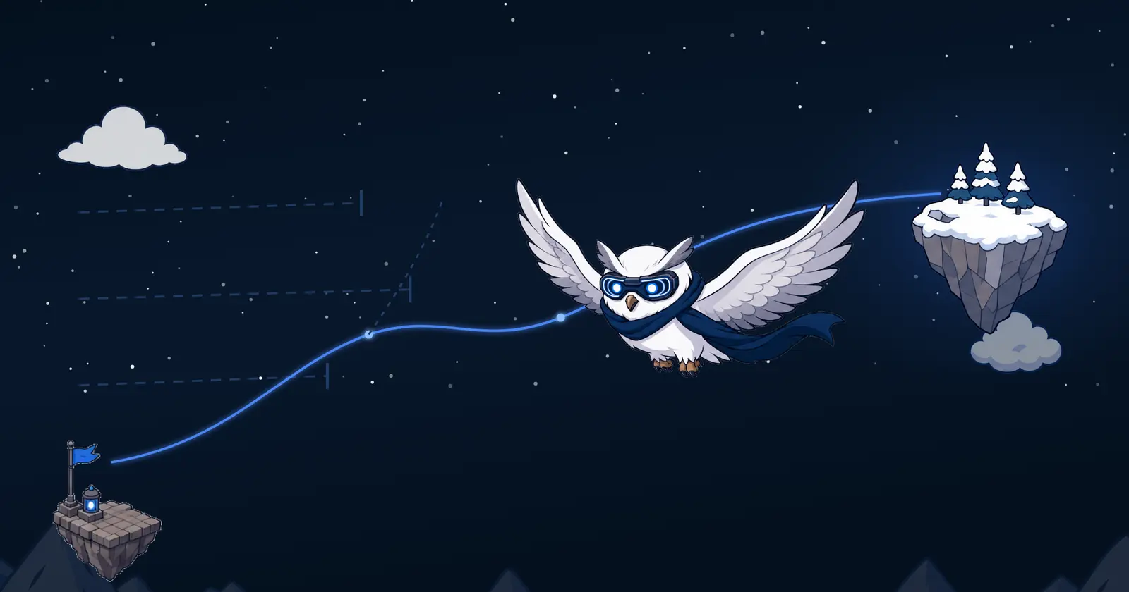 The Port0 owl in glowing goggles flying along a lit flight path between two floating islands, past dashed measurement lines