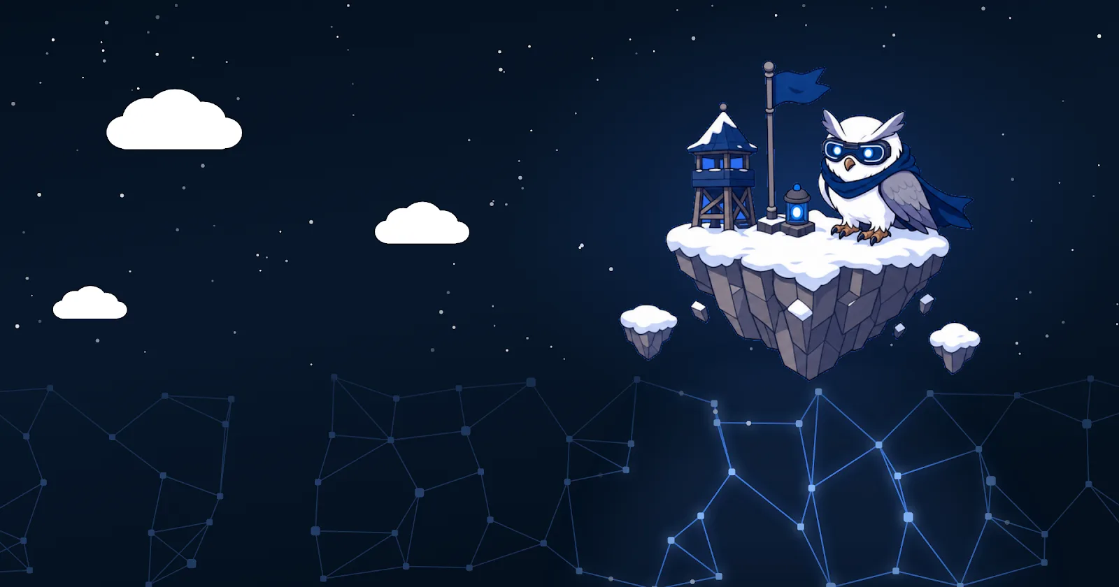 Port0 owl on a snowy watchtower island above a glowing network grid