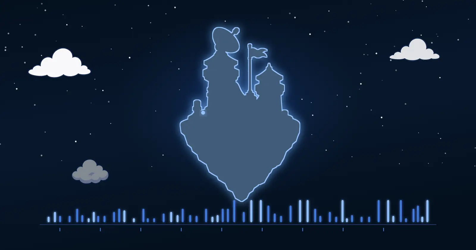 A floating island seen only as a glowing outline above a row of blue bars of varying height, like packet sizes over time