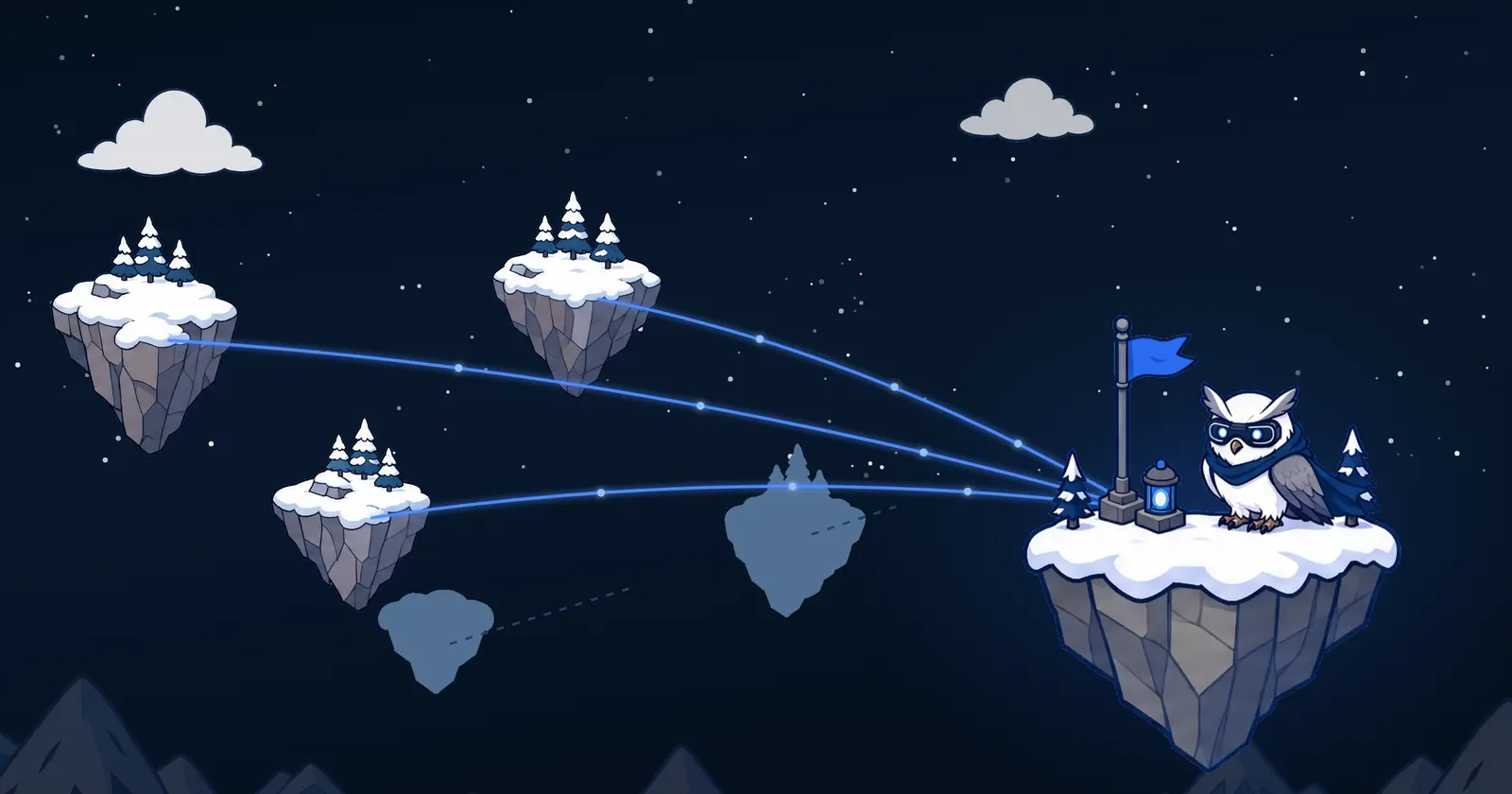 The Port0 owl on a large floating island collecting glowing lines from three snowy islands while two faded islands stay unconnected