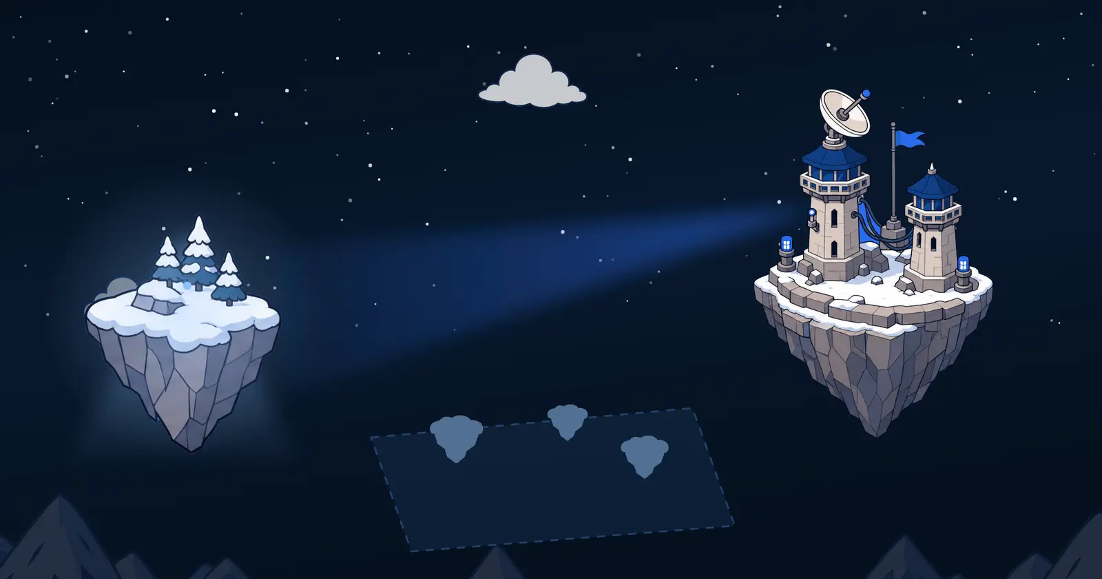 A watchtower island with a radar dish shining a beam onto one snowy island while three faded islands sit outside the light