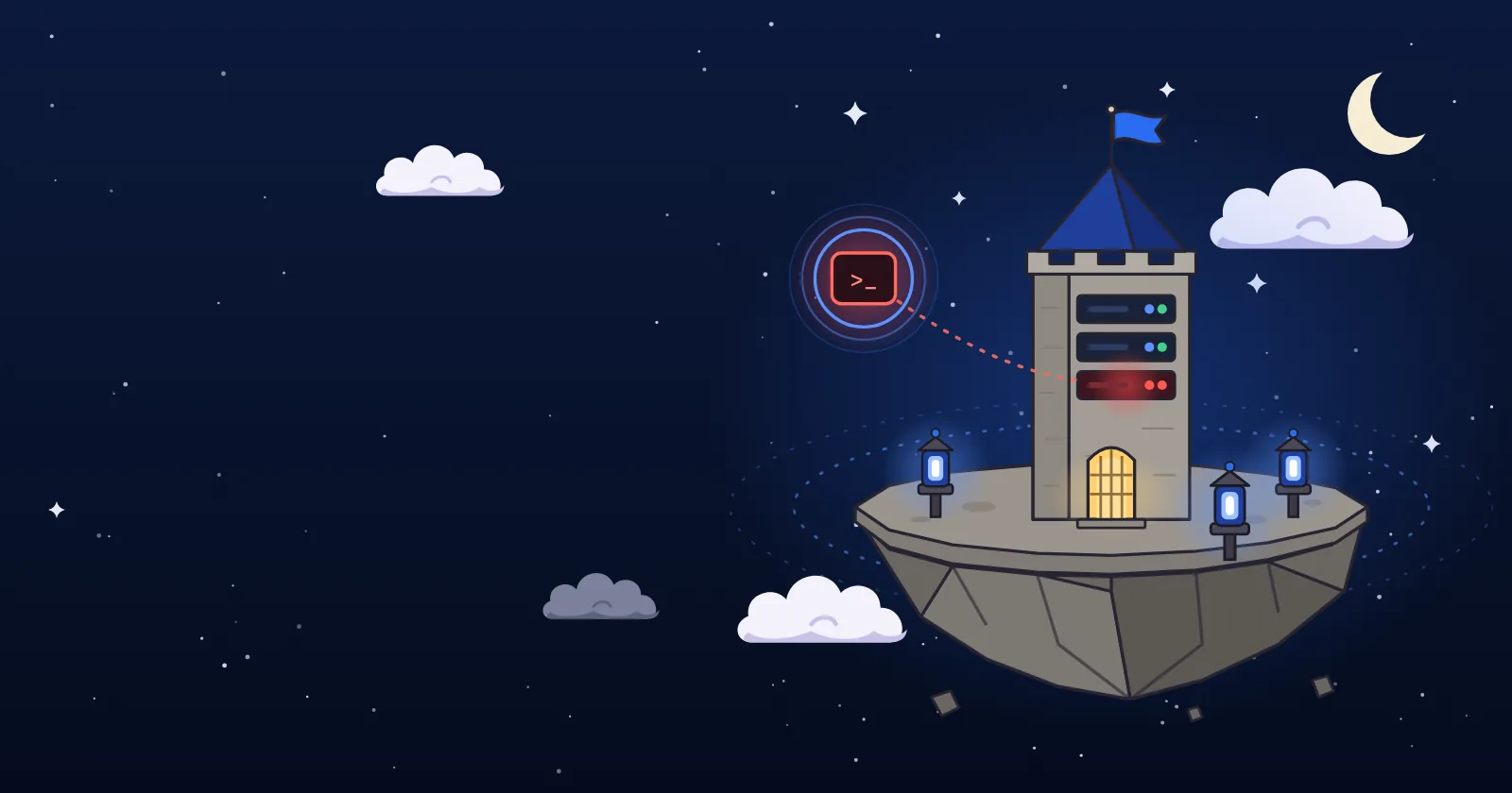 A stone server tower on a floating island, watched by three blue lanterns, while a red shell prompt escaping from it is caught in a detection ring