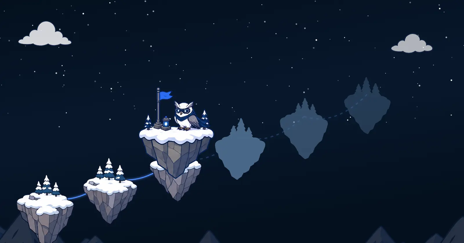 The Port0 owl on the third of a rising chain of snowy floating islands, with faded islands still ahead along a dashed path