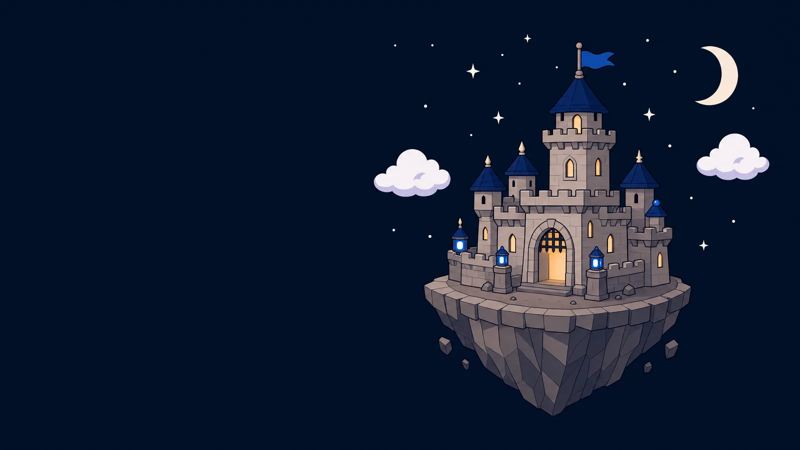 A dark castle gatehouse at night with searchlights sweeping the sky