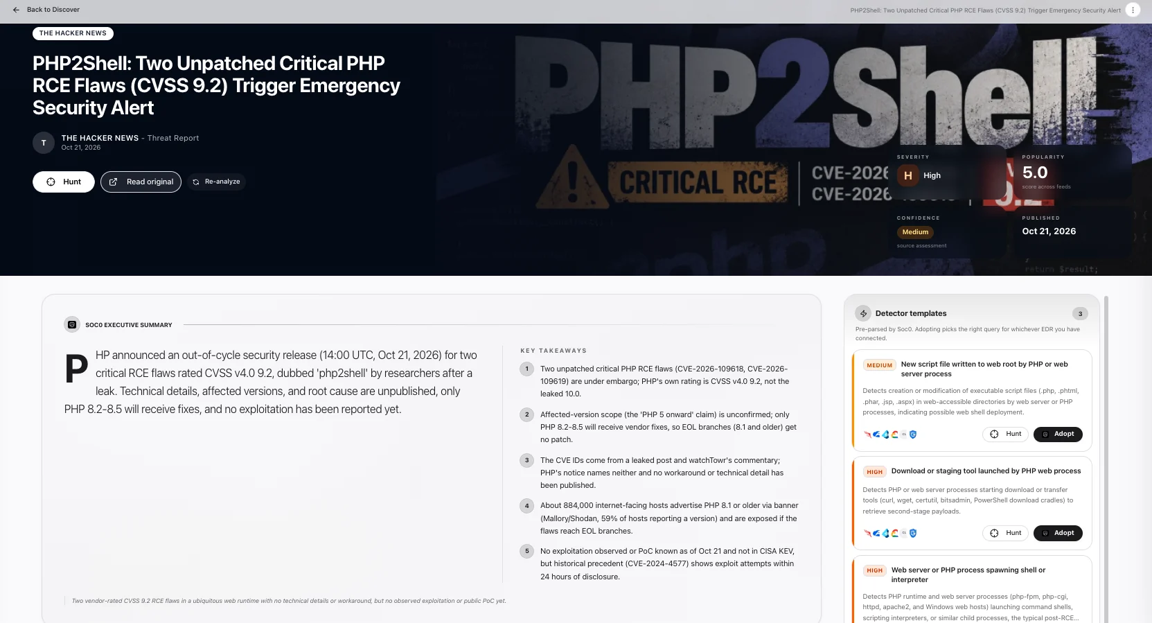 Soc0 Discover showing The Hacker News PHP2Shell story with an executive summary, five key takeaways, and three detector templates with Hunt and Adopt buttons